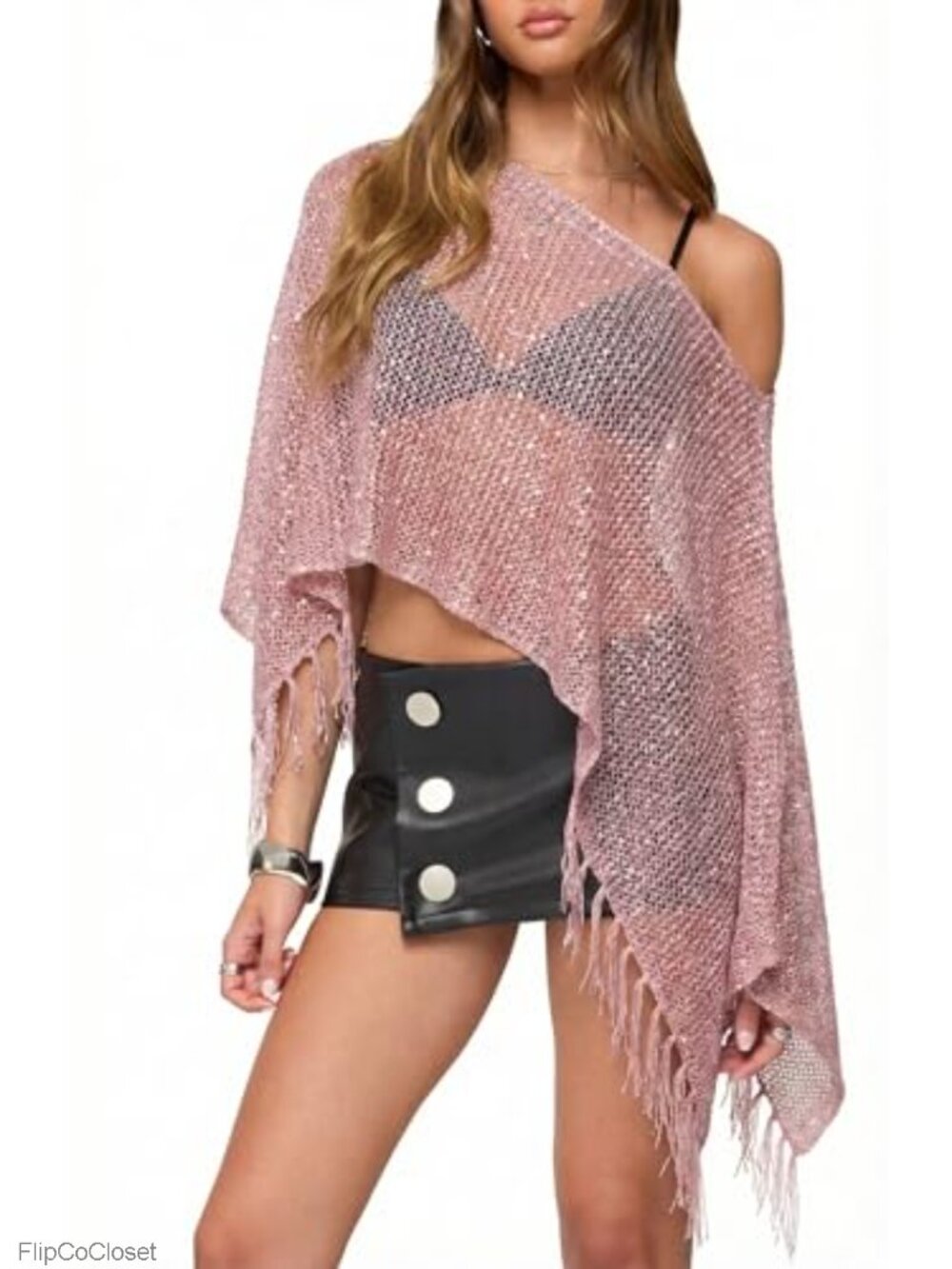 Sheer Glitter Mesh Knit Crochet Shrug Poncho Cover Up Beachwear